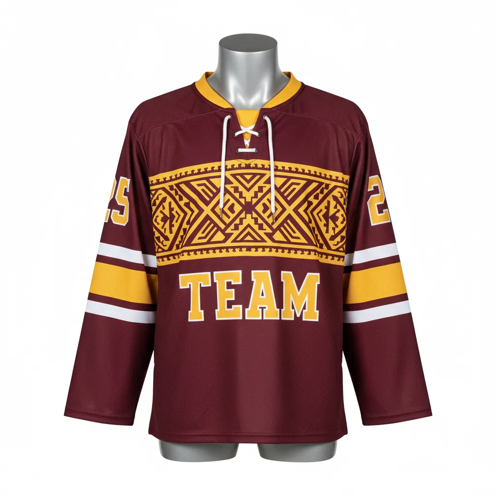 Custom Lacrosse Full Sleeve Lacrosse Jersey - Burgundy, Gold - Box Long Vegas Tribal Clash - Front View - Kinexa Sportswear