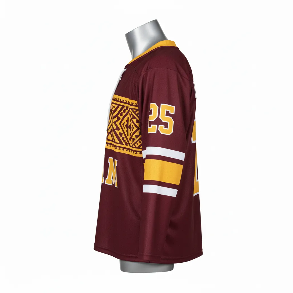 Custom Lacrosse Full Sleeve Lacrosse Jersey - Burgundy, Gold - Box Long Vegas Tribal Clash - Side View - Kinexa Sportswear