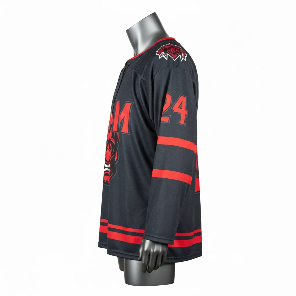 Custom Lacrosse Full Sleeve Lacrosse Jersey - Red - Box Long Charcoal Warrior Spirit - Side View - Kinexa Sportswear