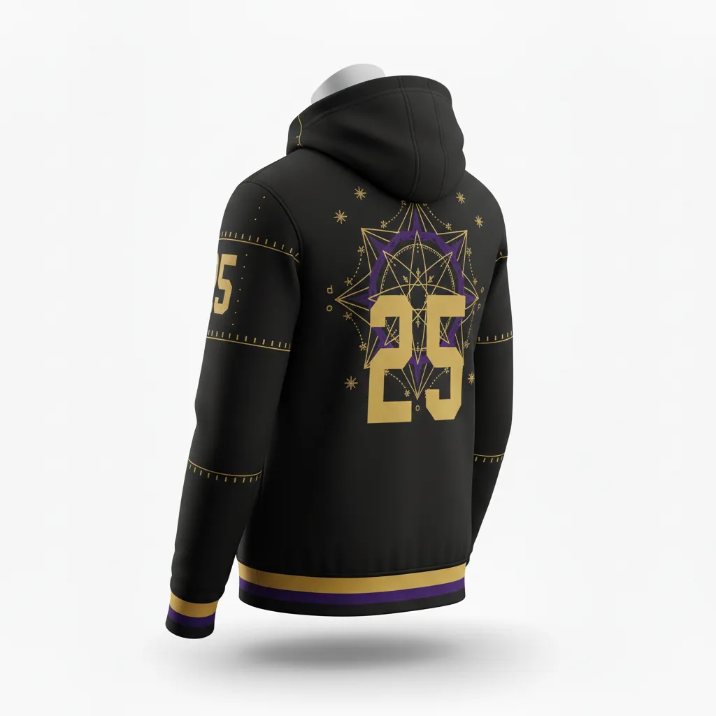 Custom Lacrosse Full Zip Hoodie - Black, Gold, Purple - Creator S Game Celestial - Back View - Kinexa Sportswear
