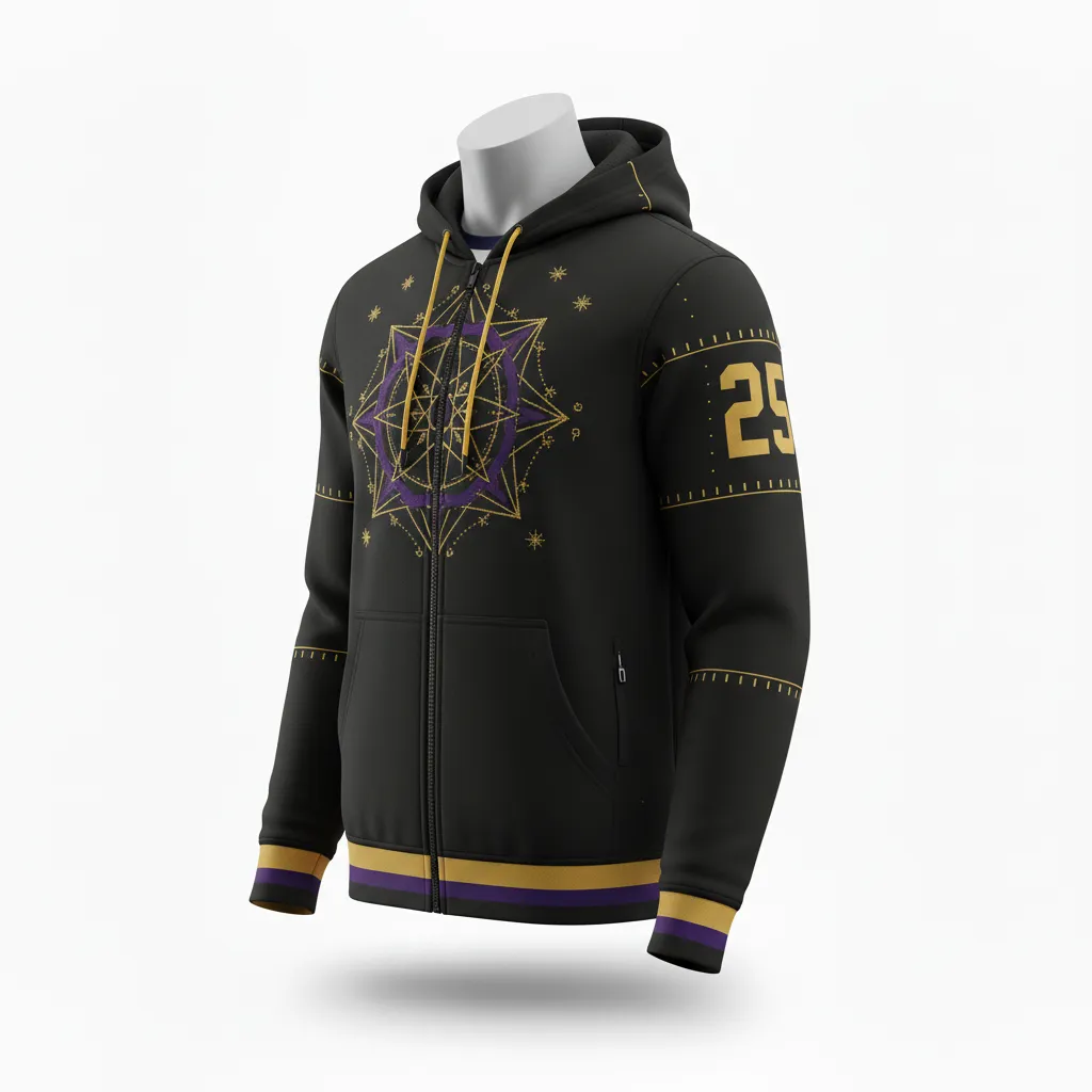 Custom Lacrosse Full Zip Hoodie - Black, Gold, Purple - Creator S Game Celestial - Front View - Kinexa Sportswear