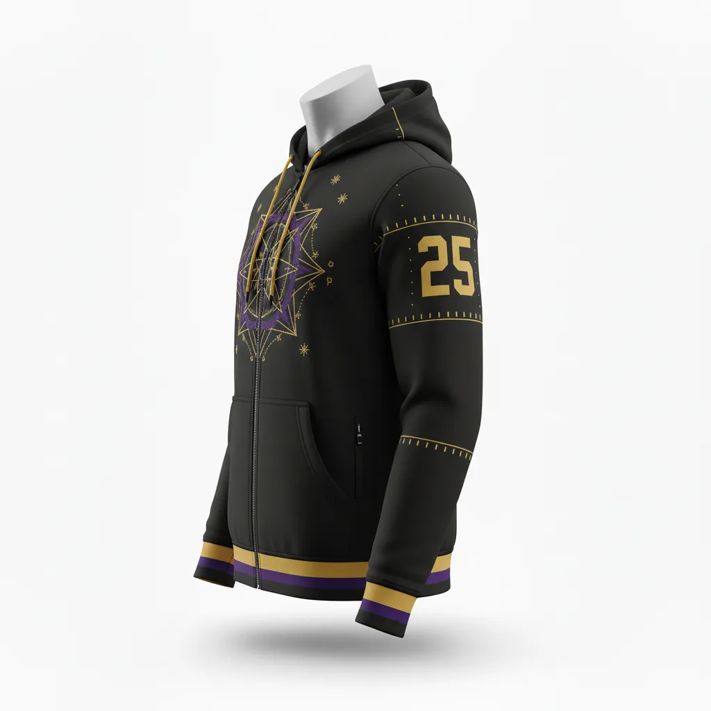Custom Lacrosse Full Zip Hoodie - Black, Gold, Purple - Creator S Game Celestial - Side View - Kinexa Sportswear