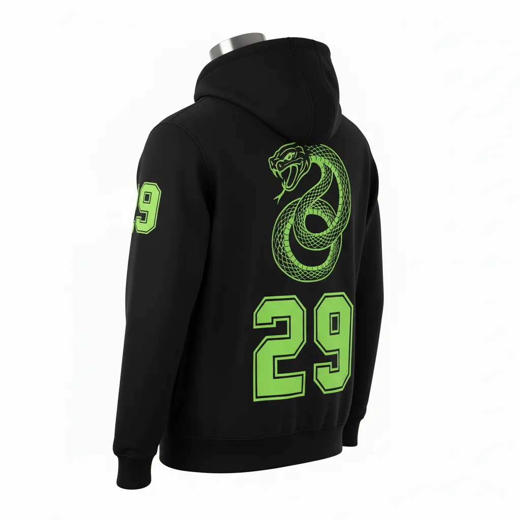 Custom Lacrosse Full Zip Hoodie - Black, Green - Neon Serpent Strike - Back View - Kinexa Sportswear