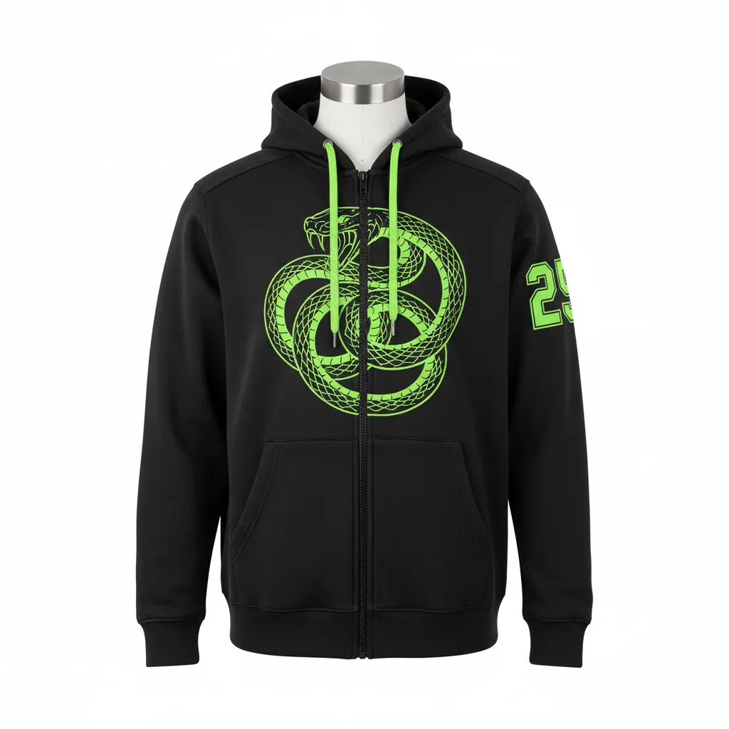 Custom Lacrosse Full Zip Hoodie - Black, Green - Neon Serpent Strike - Front View - Kinexa Sportswear