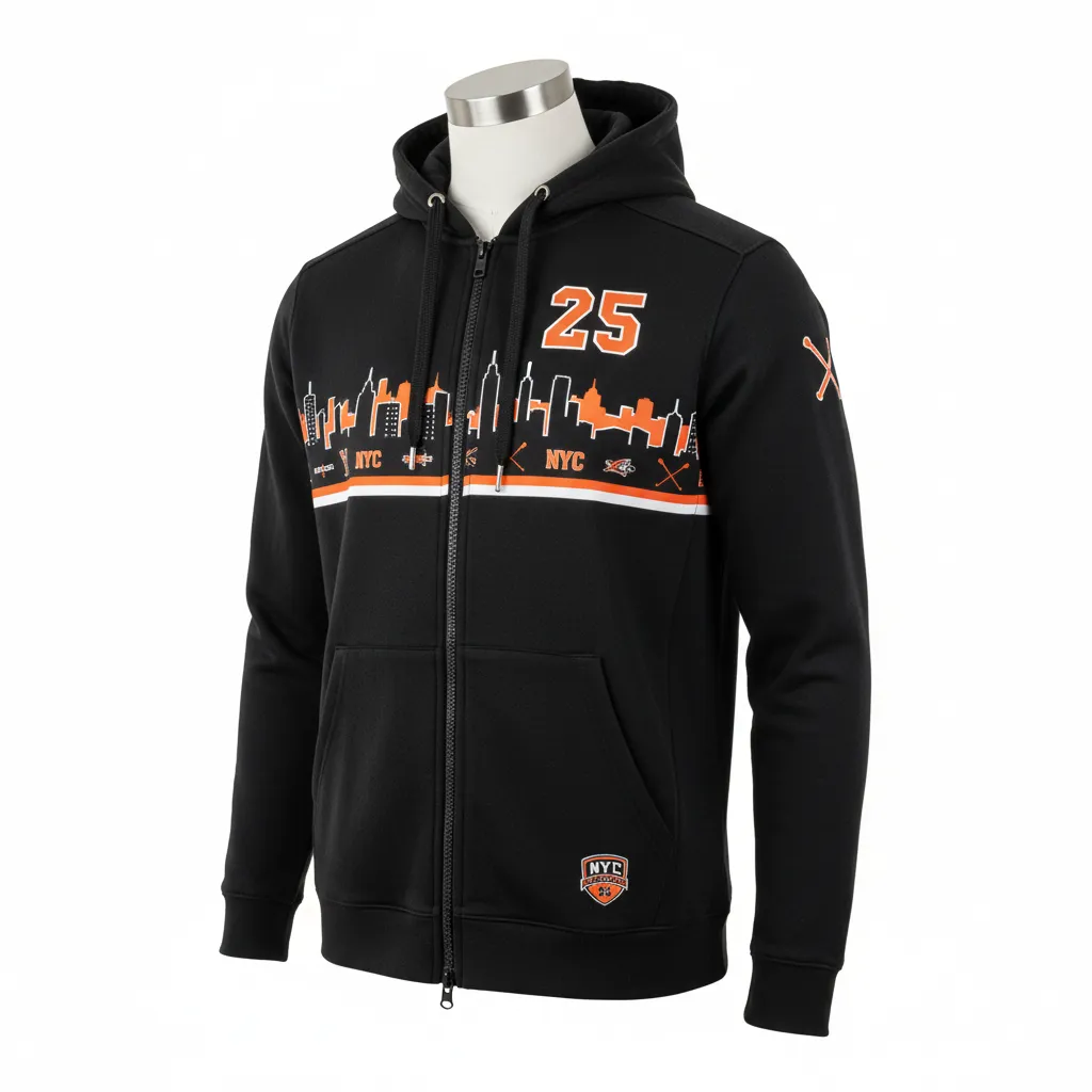 Custom Lacrosse Full Zip Hoodie - Black, Orange, White - Long Island Strong - Front View - Kinexa Sportswear