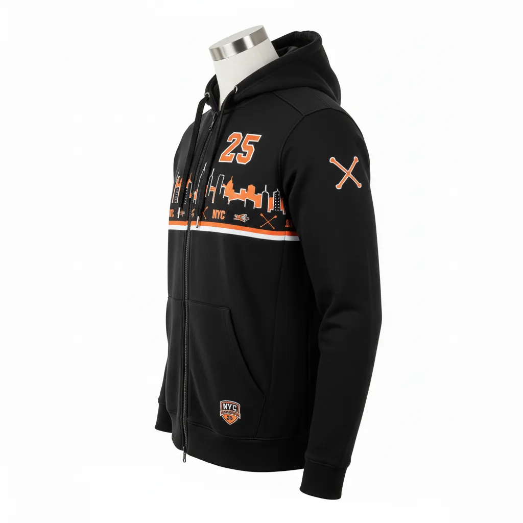 Custom Lacrosse Full Zip Hoodie - Black, Orange, White - Long Island Strong - Side View - Kinexa Sportswear
