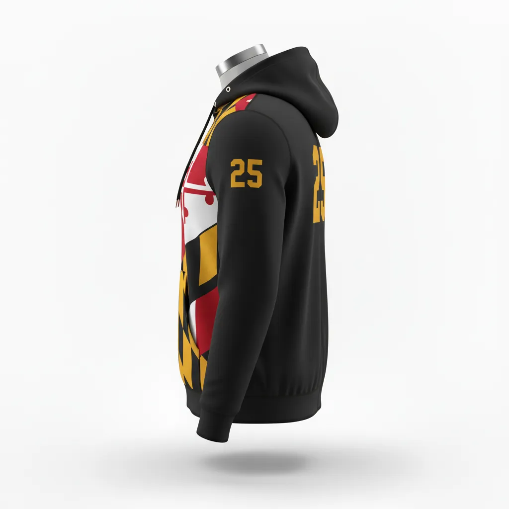 Custom Lacrosse Full Zip Hoodie - Black, Red, Gold - Maryland Pride - Front View - Kinexa Sportswear