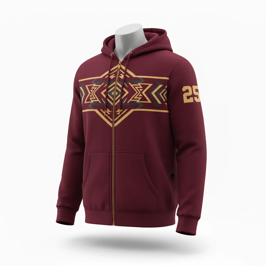 Custom Lacrosse Full Zip Hoodie - Burgundy, Gold - Vegas Tribal Clash - Front View - Kinexa Sportswear