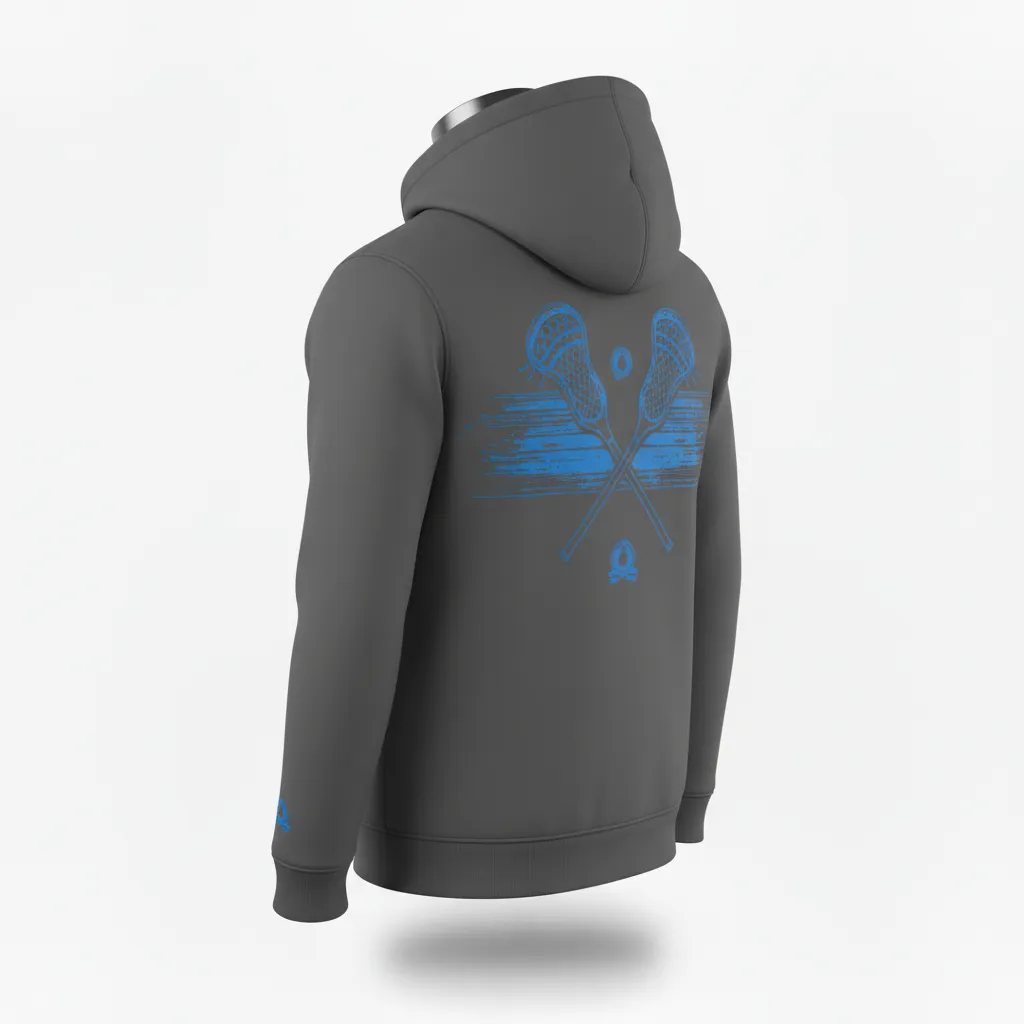 Custom Lacrosse Full Zip Hoodie - Blue - Charcoal Electric Cleat Marks Trail - Back View - Kinexa Sportswear