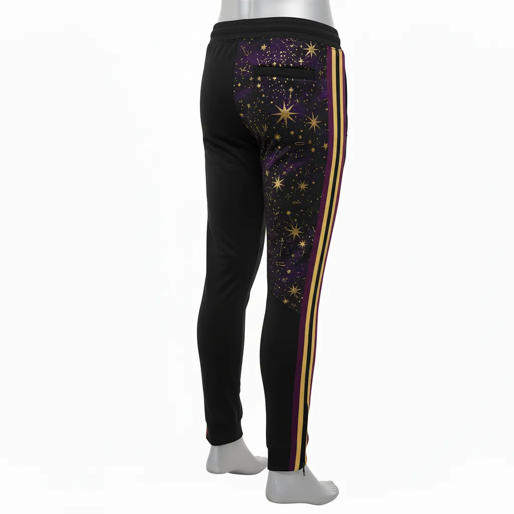 Custom Lacrosse Jogger Pant - Black, Gold, Purple - Creator S Game Celestial - Front View - Kinexa Sportswear