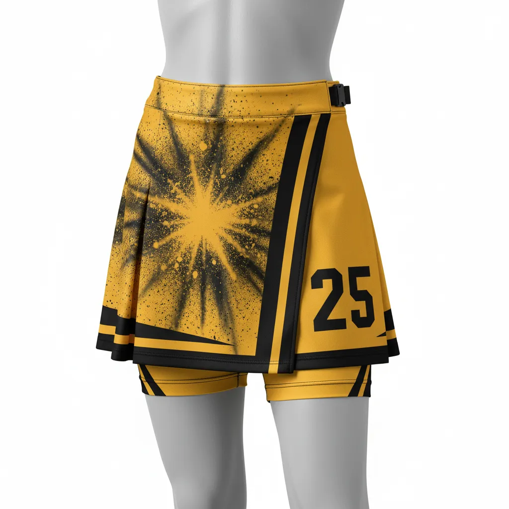 Custom Lacrosse Kilt Skirt - Gold, Black - Womens Athletic Goal Dust Explosion - Front View - Kinexa Sportswear
