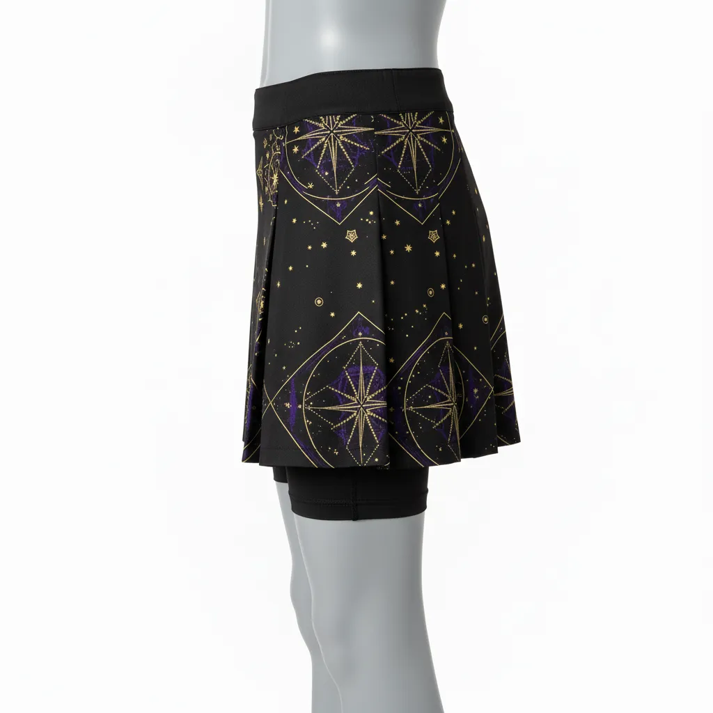 Custom Lacrosse Kilt Skirt - Black, Gold, Purple - Womens Creator S Game Celestial - Back View - Kinexa Sportswear