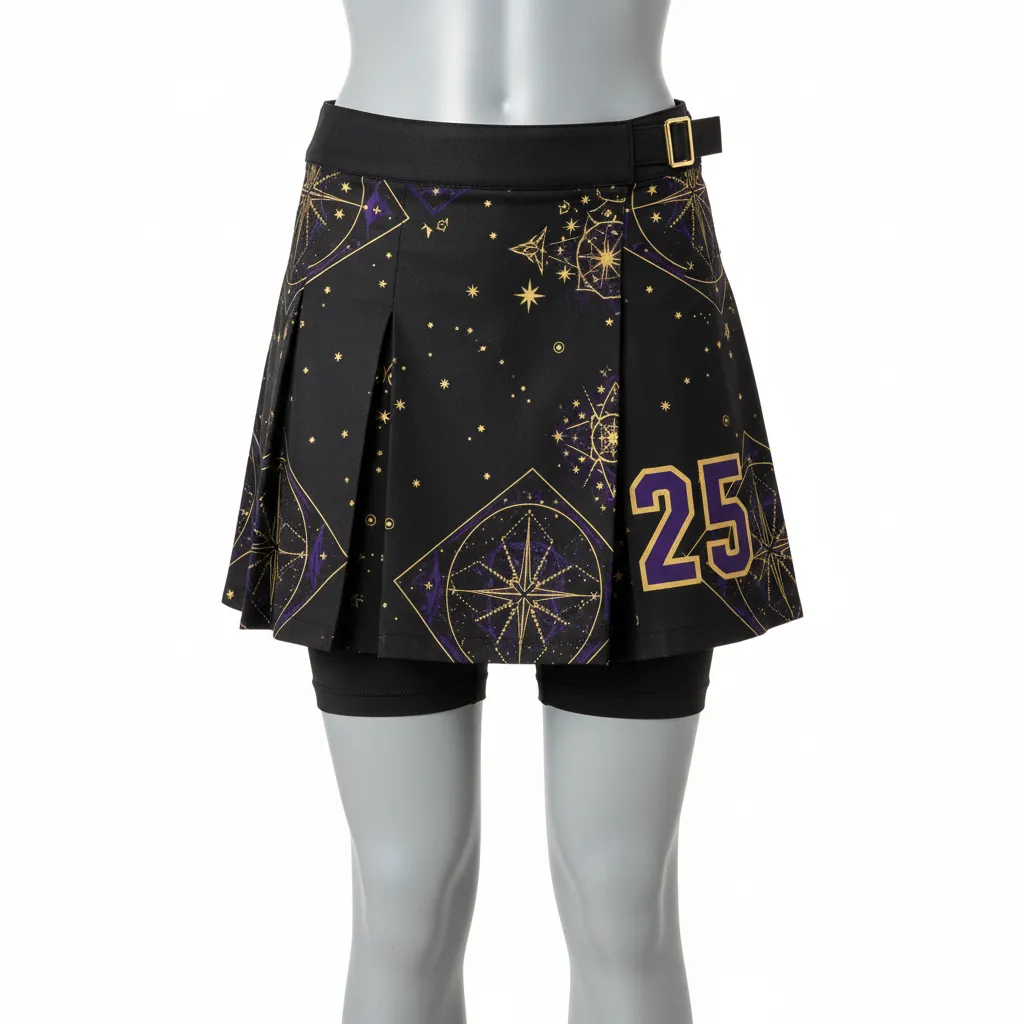 Custom Lacrosse Kilt Skirt - Black, Gold, Purple - Womens Creator S Game Celestial - Front View - Kinexa Sportswear