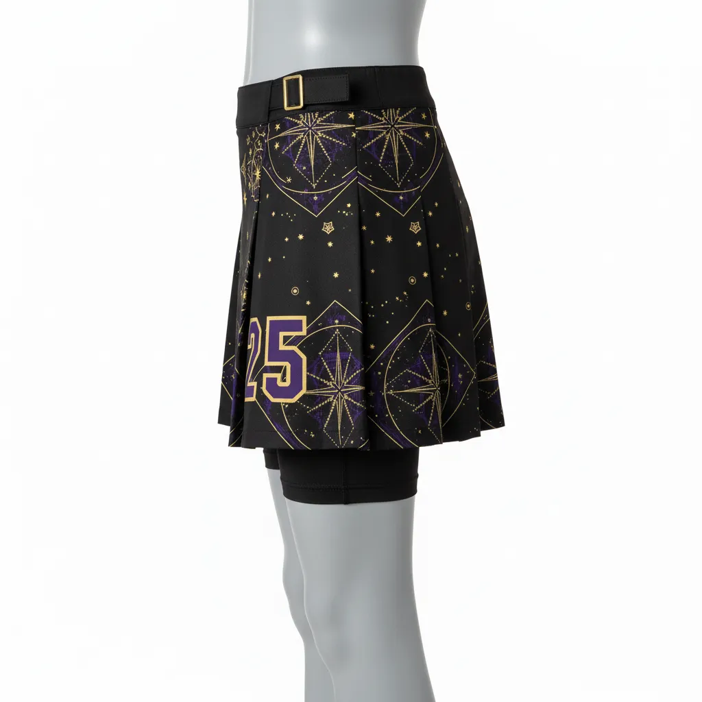 Custom Lacrosse Kilt Skirt - Black, Gold, Purple - Womens Creator S Game Celestial - Side View - Kinexa Sportswear