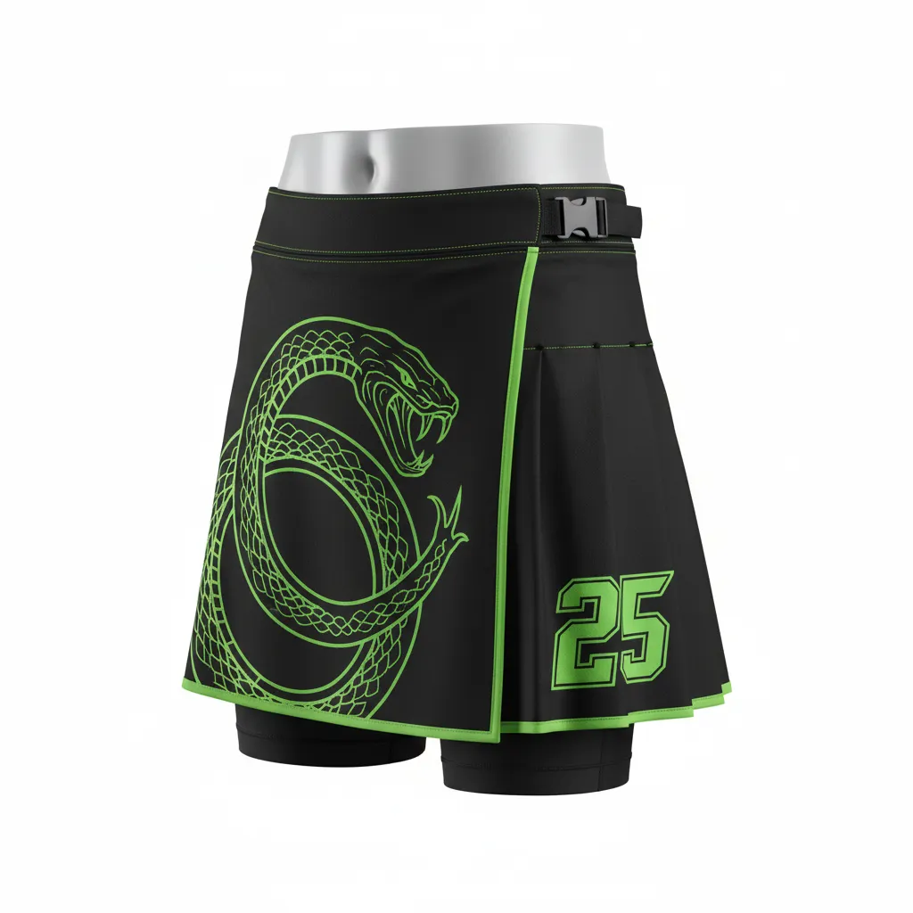 Custom Lacrosse Kilt Skirt - Black, Green - Womens Neon Serpent Strike - Front View - Kinexa Sportswear