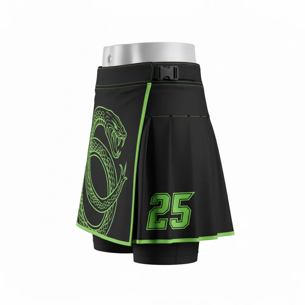 Custom Lacrosse Kilt Skirt - Black, Green - Womens Neon Serpent Strike - Side View - Kinexa Sportswear
