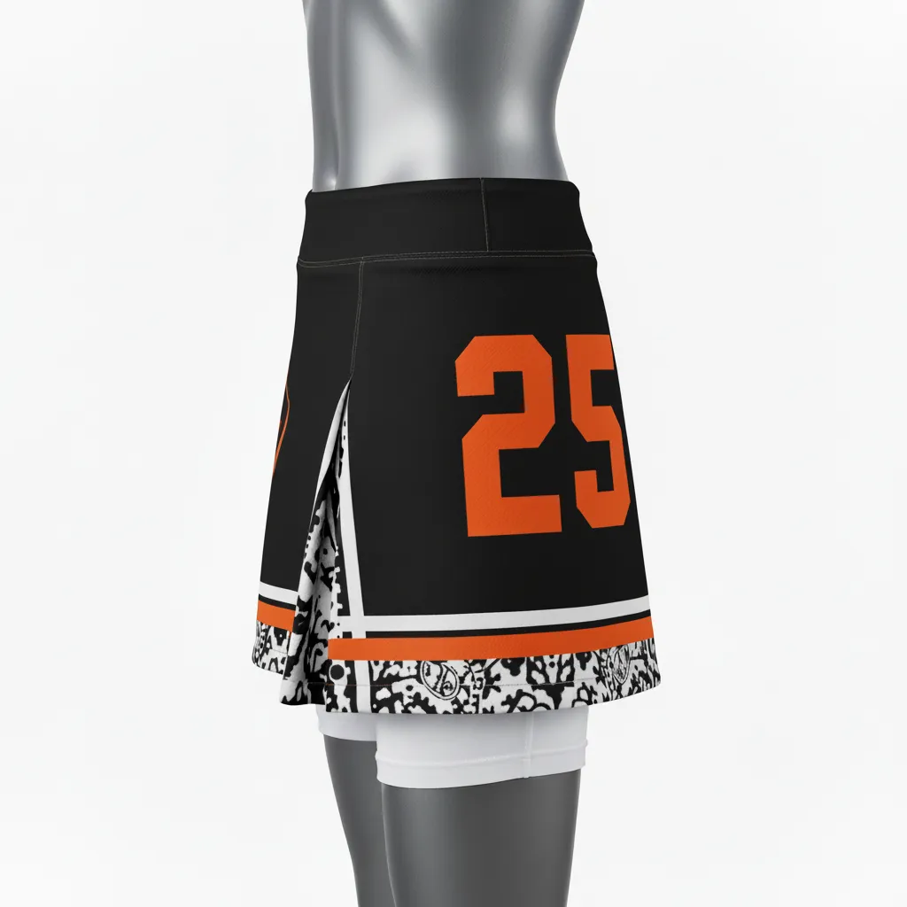 Custom Lacrosse Kilt Skirt - Black, Orange, White - Womens Long Island Strong - Back View - Kinexa Sportswear