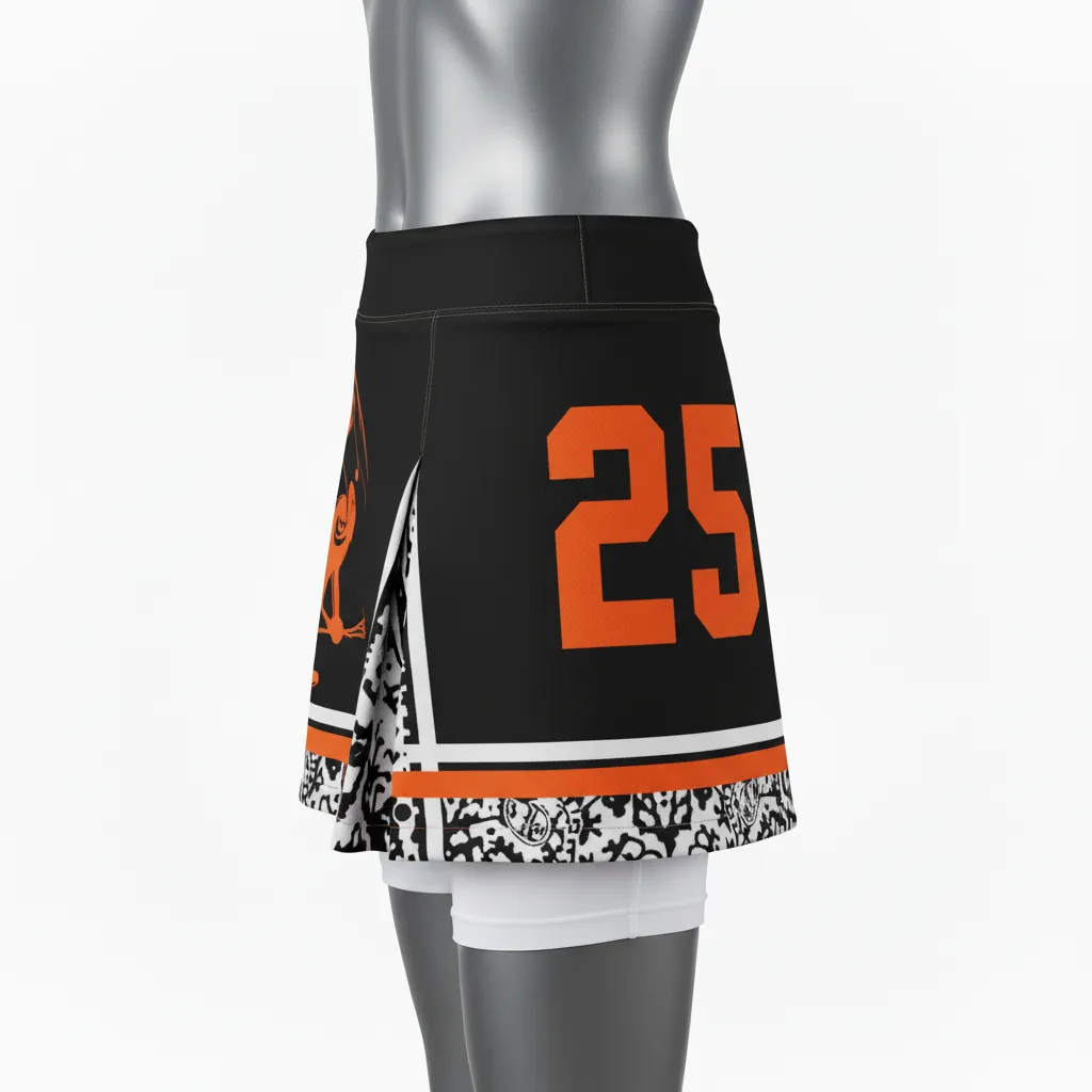 Custom Lacrosse Kilt Skirt - Black, Orange, White - Womens Long Island Strong - Front View - Kinexa Sportswear