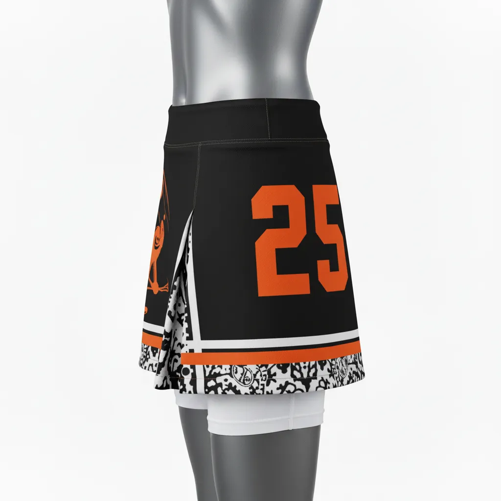 Custom Lacrosse Kilt Skirt - Black, Orange, White - Womens Long Island Strong - Side View - Kinexa Sportswear