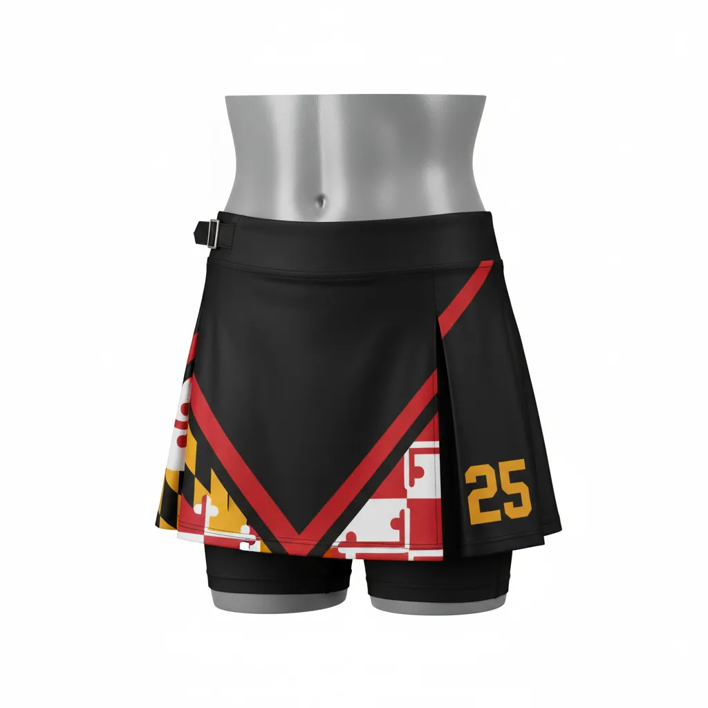 Custom Lacrosse Kilt Skirt - Black, Red, Gold - Womens Maryland Pride - Front View - Kinexa Sportswear