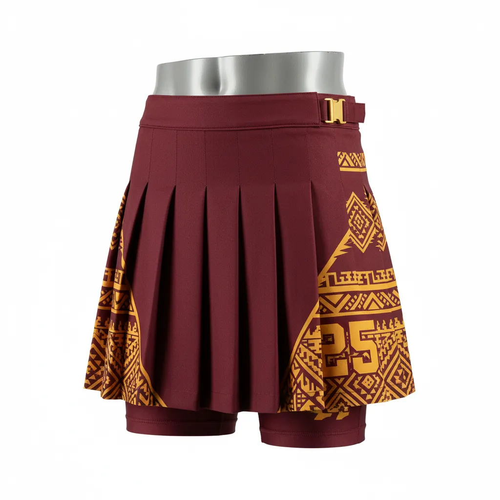Custom Lacrosse Kilt Skirt - Burgundy, Gold - Womens Vegas Tribal Clash - Front View - Kinexa Sportswear