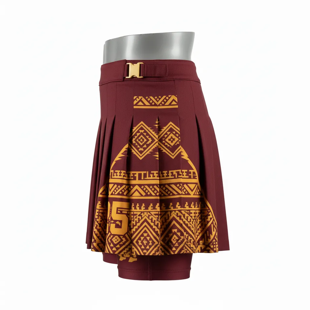 Custom Lacrosse Kilt Skirt - Burgundy, Gold - Womens Vegas Tribal Clash - Side View - Kinexa Sportswear