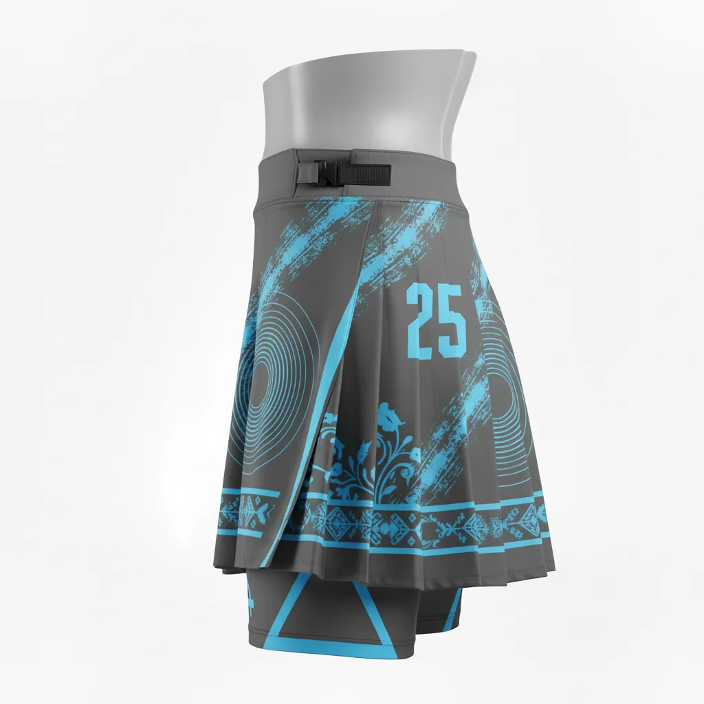 Custom Lacrosse Kilt Skirt - Blue - Womens Charcoal Electric Cleat Marks Trail - Side View - Kinexa Sportswear
