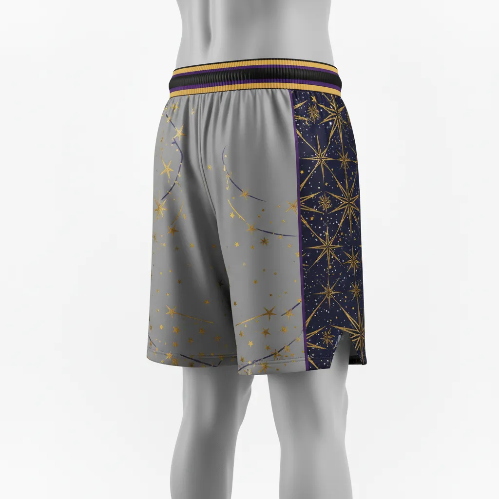 Custom Lacrosse Lacrosse Shorts - Black, Gold, Purple - 7 Inch Creator S Game Celestial - Back View - Kinexa Sportswear