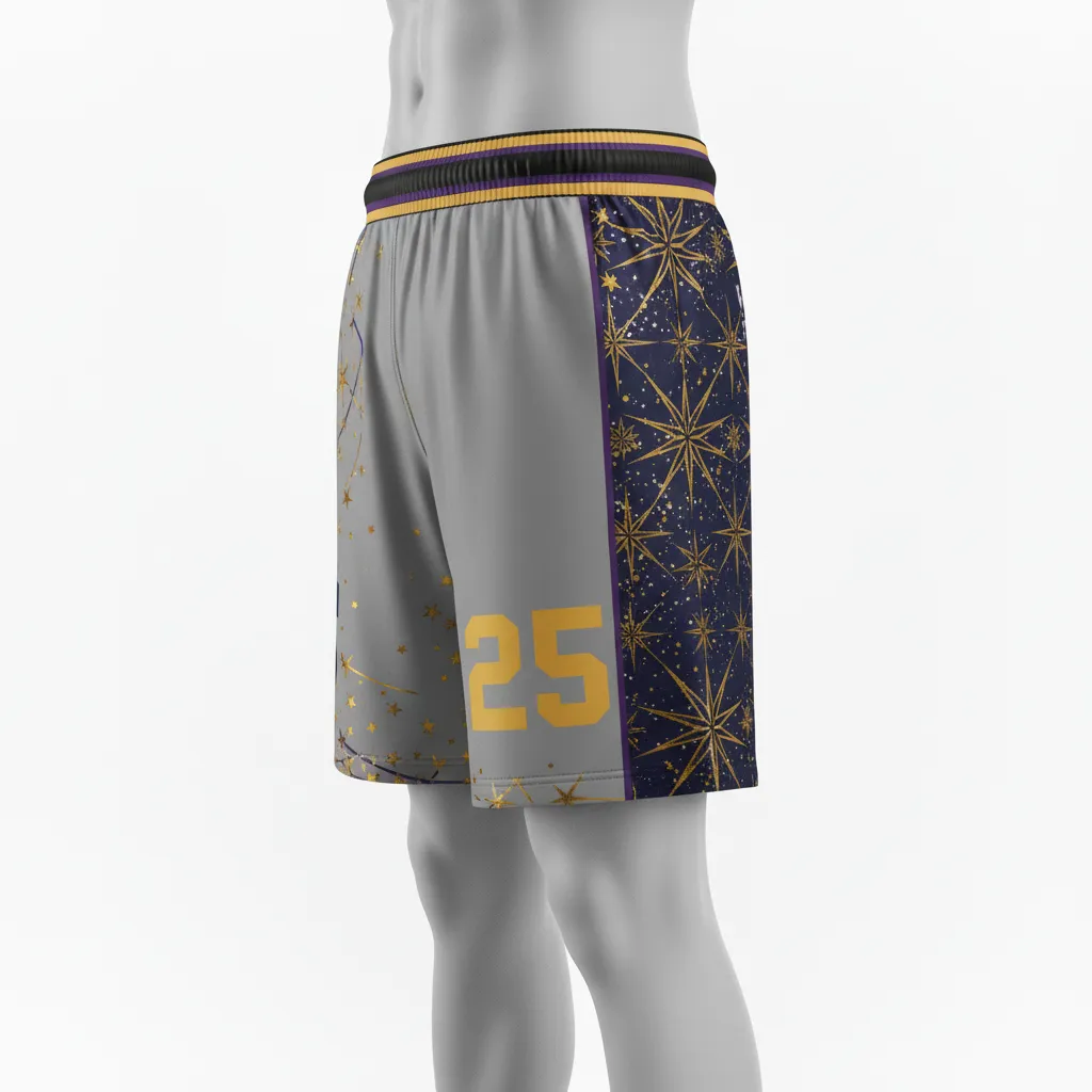 Custom Lacrosse Lacrosse Shorts - Black, Gold, Purple - 7 Inch Creator S Game Celestial - Front View - Kinexa Sportswear