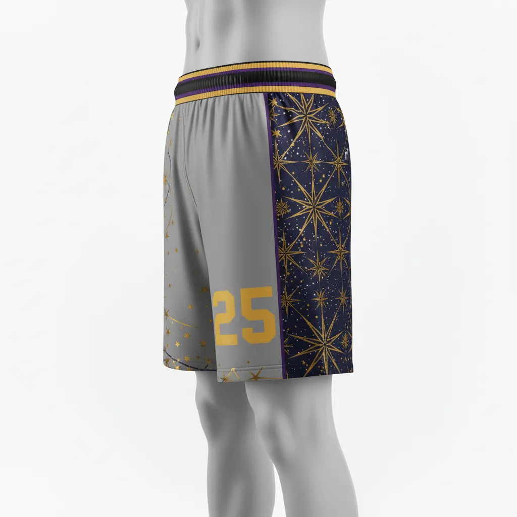 Custom Lacrosse Lacrosse Shorts - Black, Gold, Purple - 7 Inch Creator S Game Celestial - Side View - Kinexa Sportswear