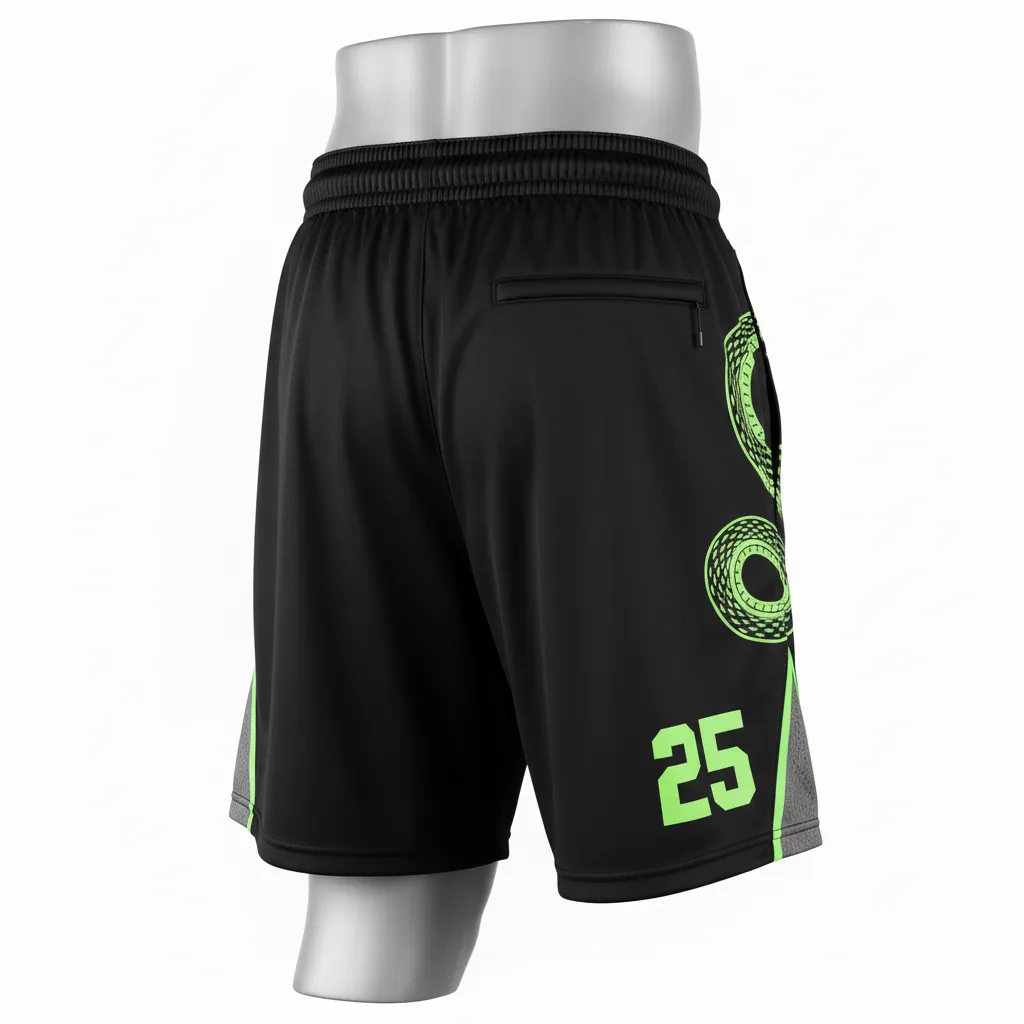 Custom Lacrosse Lacrosse Shorts - Black, Green - 7 Inch Neon Serpent Strike - Back View - Kinexa Sportswear
