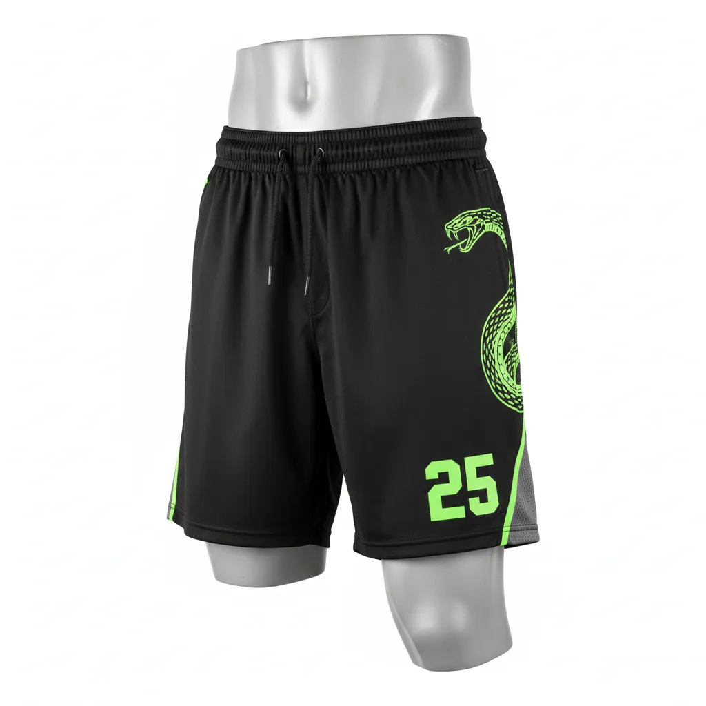 Custom Lacrosse Lacrosse Shorts - Black, Green - 7 Inch Neon Serpent Strike - Front View - Kinexa Sportswear