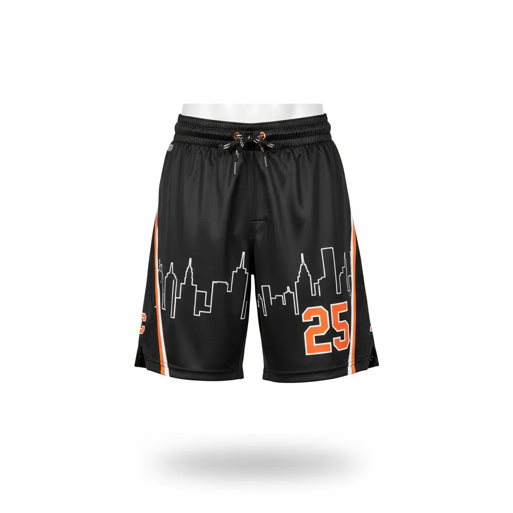 Custom Lacrosse Lacrosse Shorts - Black, Orange, White - 7 Inch Long Island Strong - Front View - Kinexa Sportswear