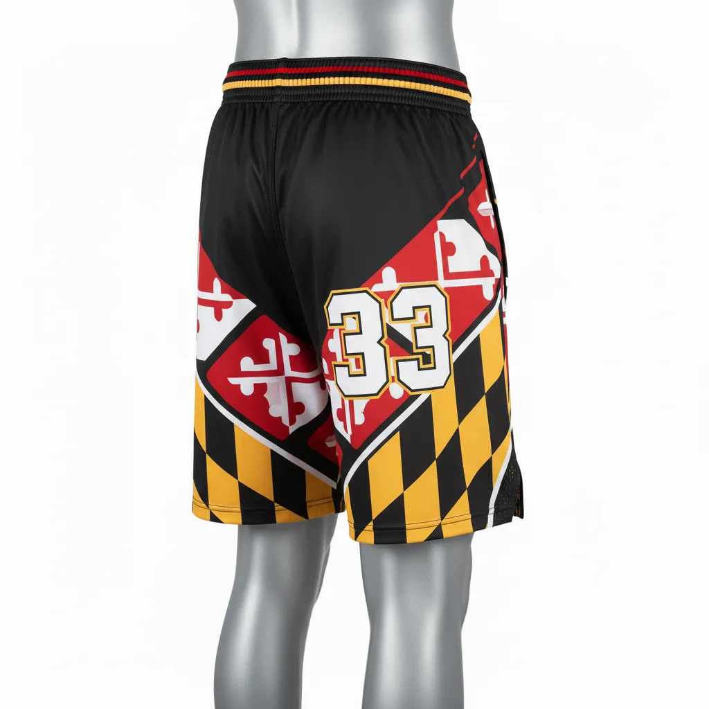 Custom Lacrosse Lacrosse Shorts - Black, Red, Gold - 7 Inch Maryland Pride - Back View - Kinexa Sportswear
