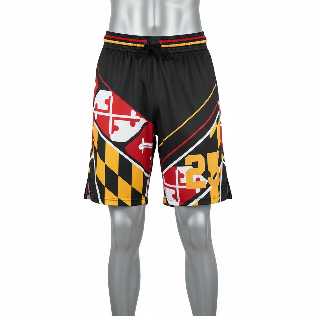 Custom Lacrosse Lacrosse Shorts - Black, Red, Gold - 7 Inch Maryland Pride - Front View - Kinexa Sportswear
