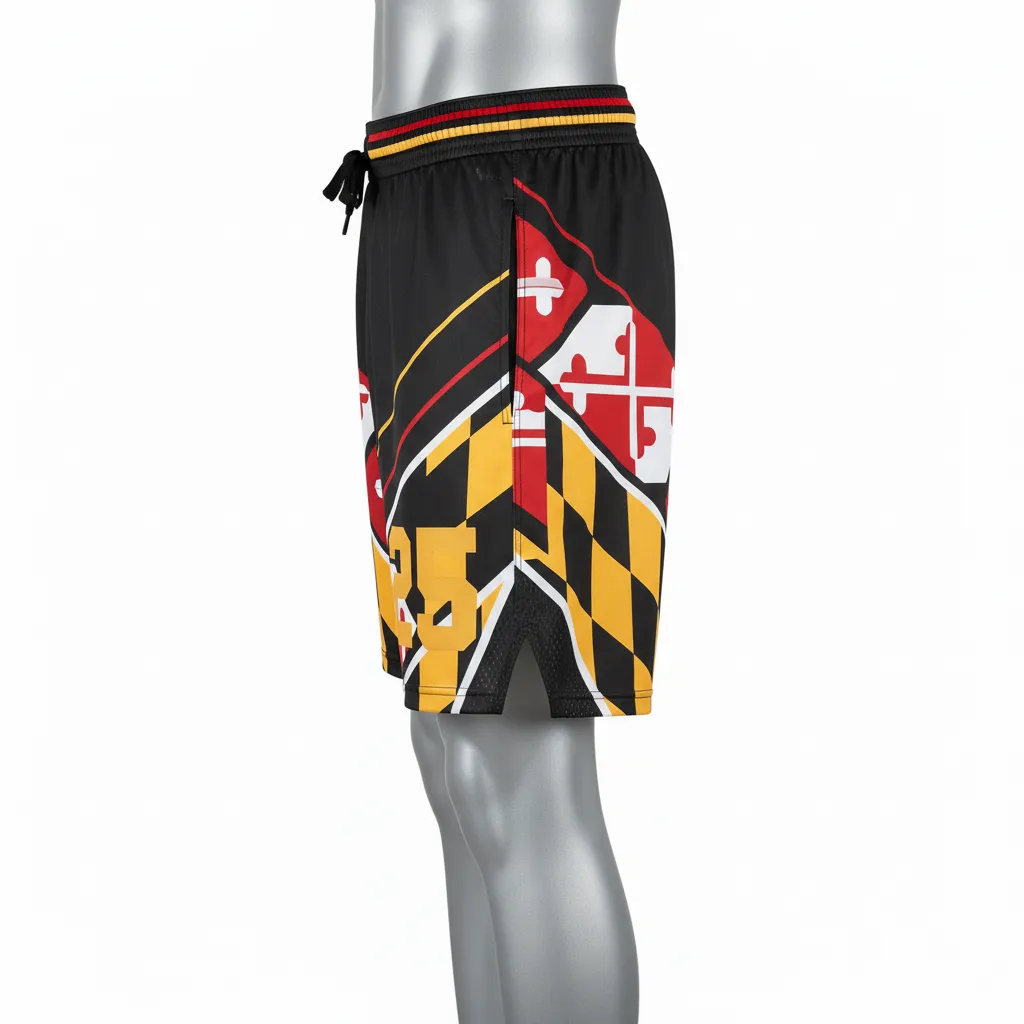 Custom Lacrosse Lacrosse Shorts - Black, Red, Gold - 7 Inch Maryland Pride - Side View - Kinexa Sportswear