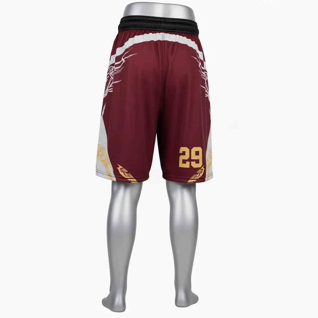 Custom Lacrosse Lacrosse Shorts - Burgundy, Gold - 7 Inch Vegas Tribal Clash - Back View - Kinexa Sportswear