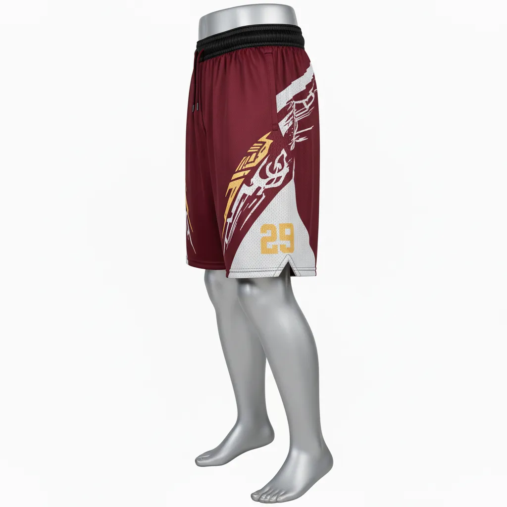 Custom Lacrosse Lacrosse Shorts - Burgundy, Gold - 7 Inch Vegas Tribal Clash - Side View - Kinexa Sportswear