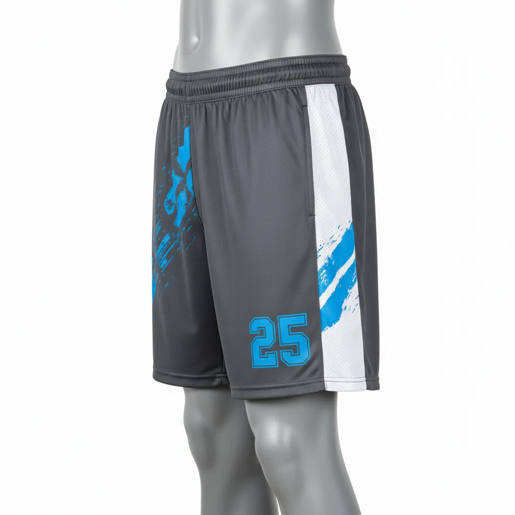 Custom Lacrosse Lacrosse Shorts - Blue - 7 Inch Charcoal Electric Cleat Marks Trail - Side View - Kinexa Sportswear