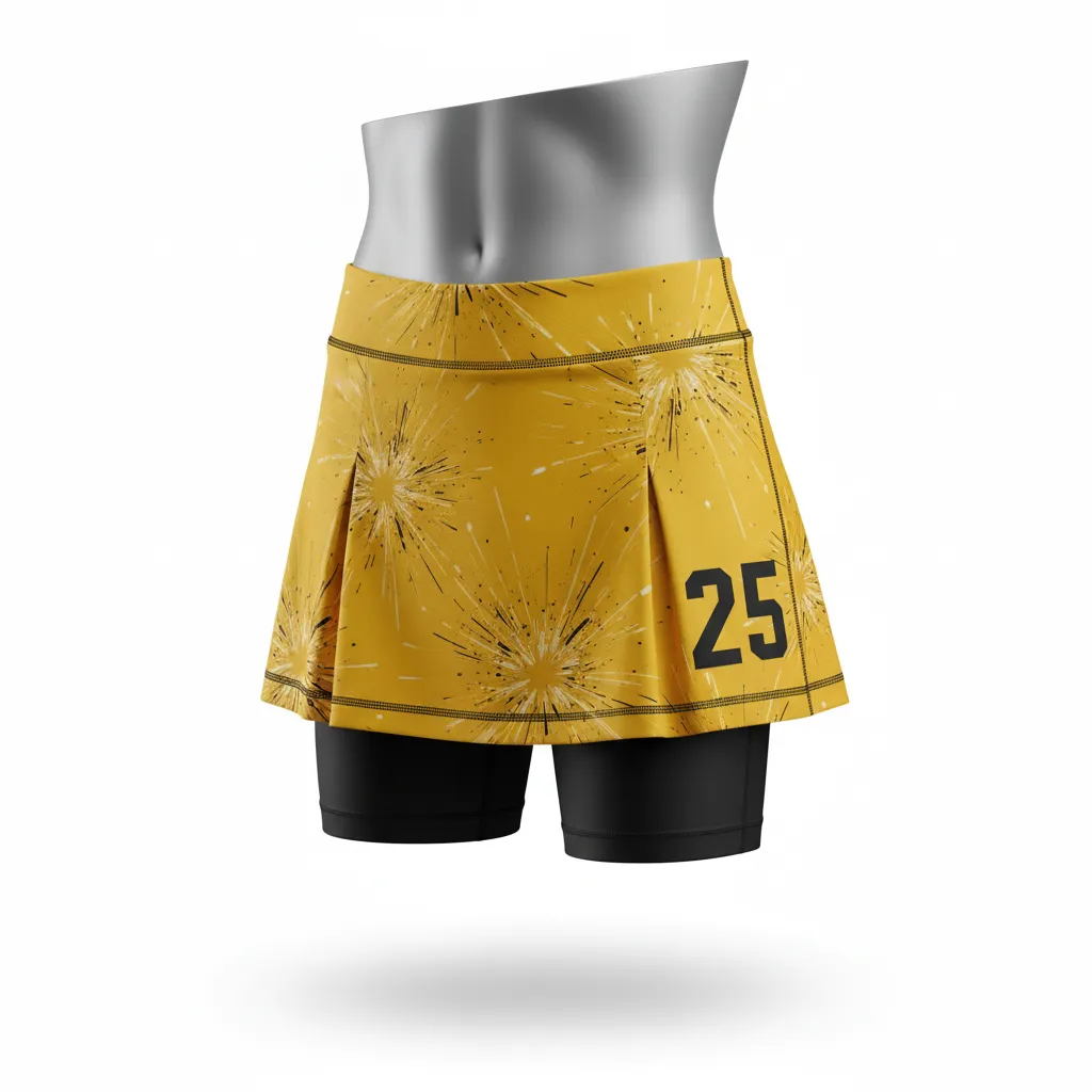 Custom Lacrosse Lacrosse Skort - Gold, Black - Womens Athletic Goal Dust Explosion - Front View - Kinexa Sportswear