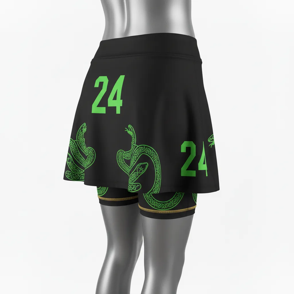 Custom Lacrosse Lacrosse Skort - Black, Green - Womens Neon Serpent Strike - Back View - Kinexa Sportswear
