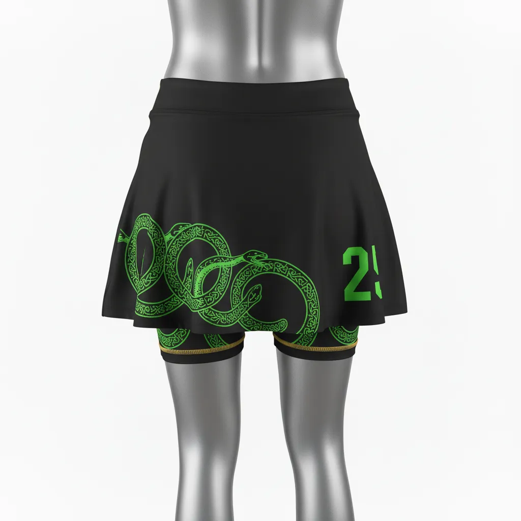 Custom Lacrosse Lacrosse Skort - Black, Green - Womens Neon Serpent Strike - Front View - Kinexa Sportswear