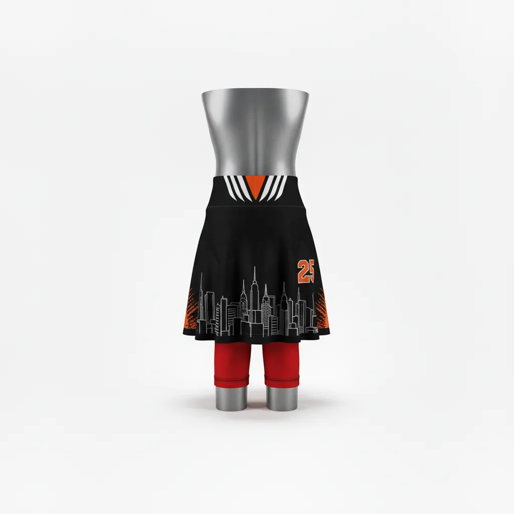 Custom Lacrosse Lacrosse Skort - Black, Orange, White - Womens Long Island Strong - Front View - Kinexa Sportswear
