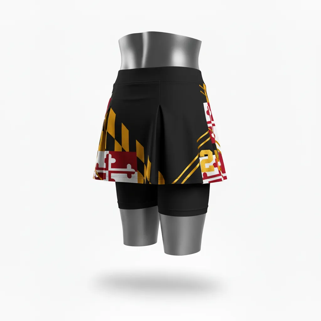 Custom Lacrosse Lacrosse Skort - Black, Red, Gold - Womens Maryland Pride - Front View - Kinexa Sportswear