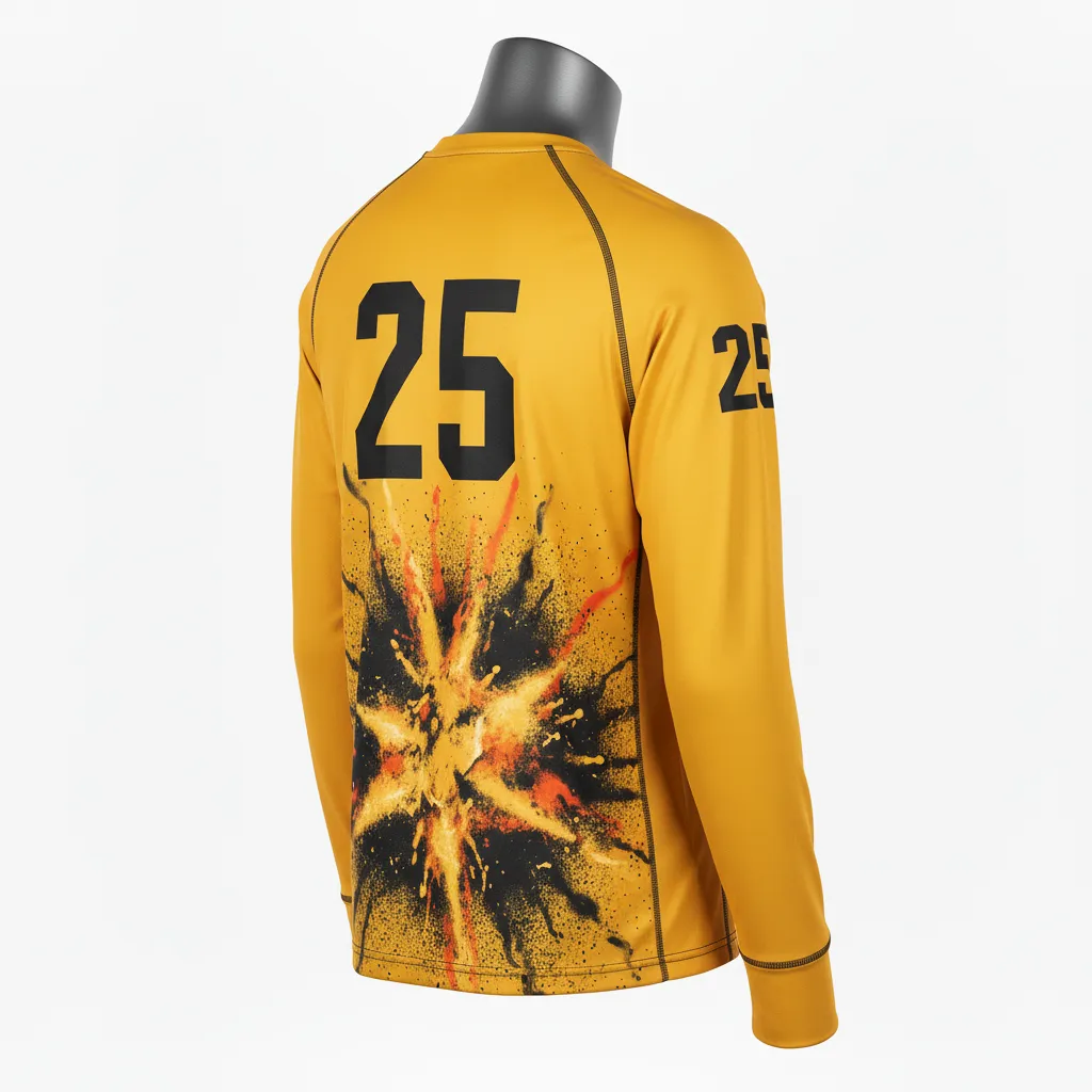 Custom Lacrosse Long Sleeve T Shirt - Gold, Black - Athletic Goal Dust Explosion - Back View - Kinexa Sportswear