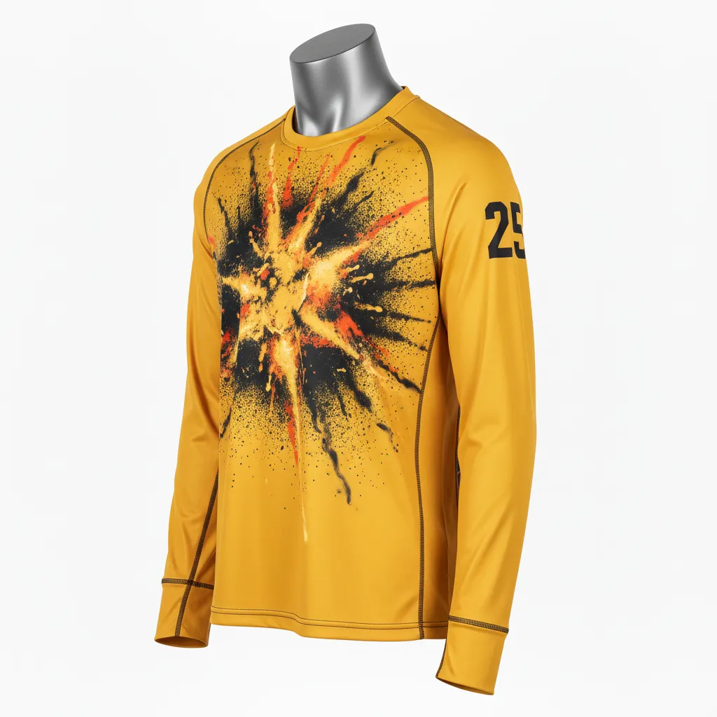 Custom Lacrosse Long Sleeve T Shirt - Gold, Black - Athletic Goal Dust Explosion - Front View - Kinexa Sportswear