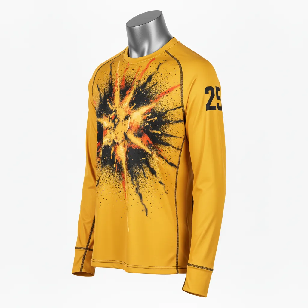 Custom Lacrosse Long Sleeve T Shirt - Gold, Black - Athletic Goal Dust Explosion - Side View - Kinexa Sportswear