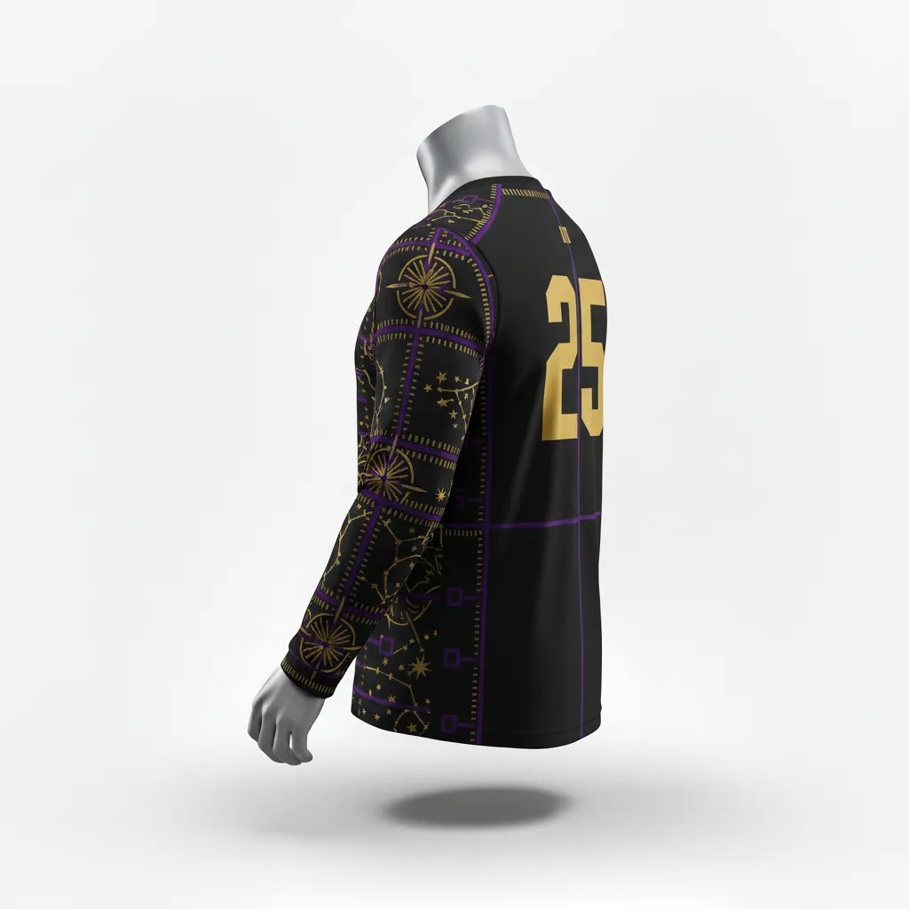Custom Lacrosse Long Sleeve T Shirt - Black, Gold, Purple - Creator S Game Celestial - Front View - Kinexa Sportswear