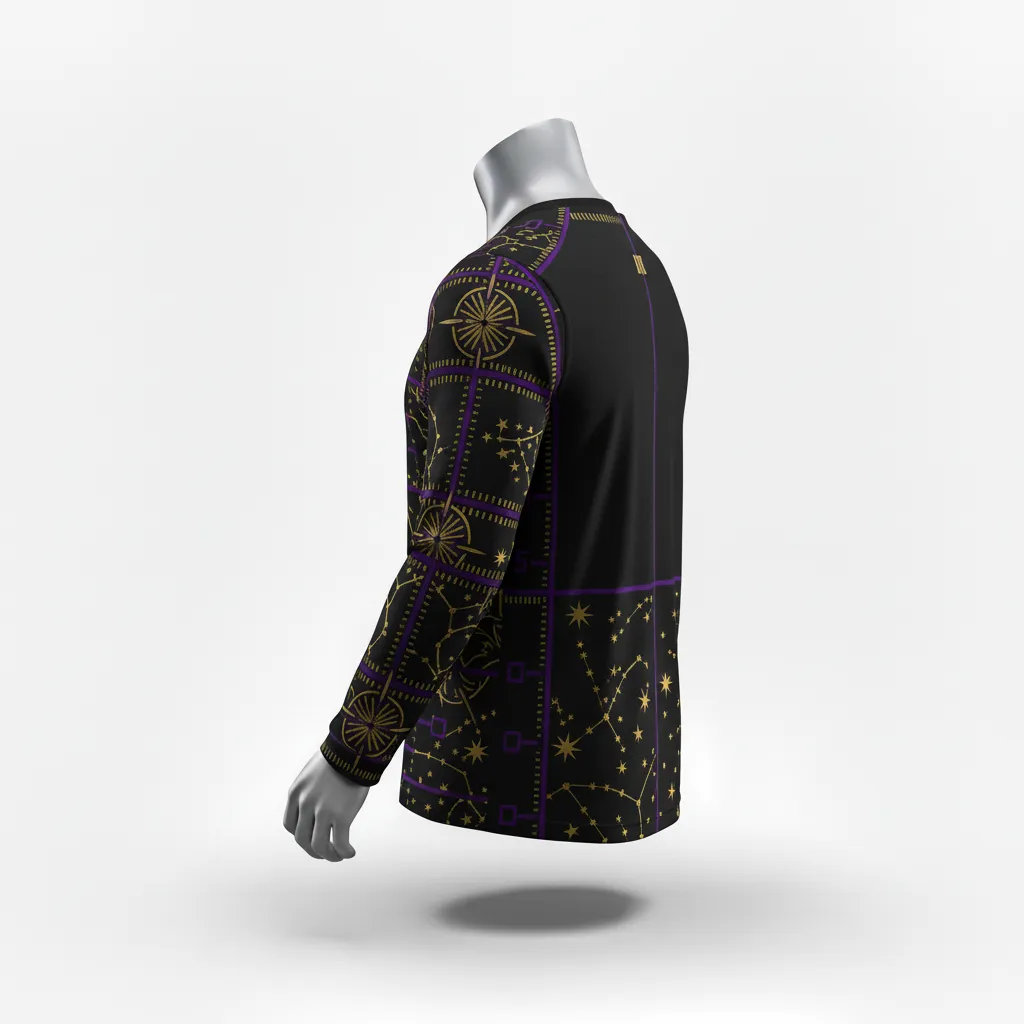 Custom Lacrosse Long Sleeve T Shirt - Black, Gold, Purple - Creator S Game Celestial - Side View - Kinexa Sportswear