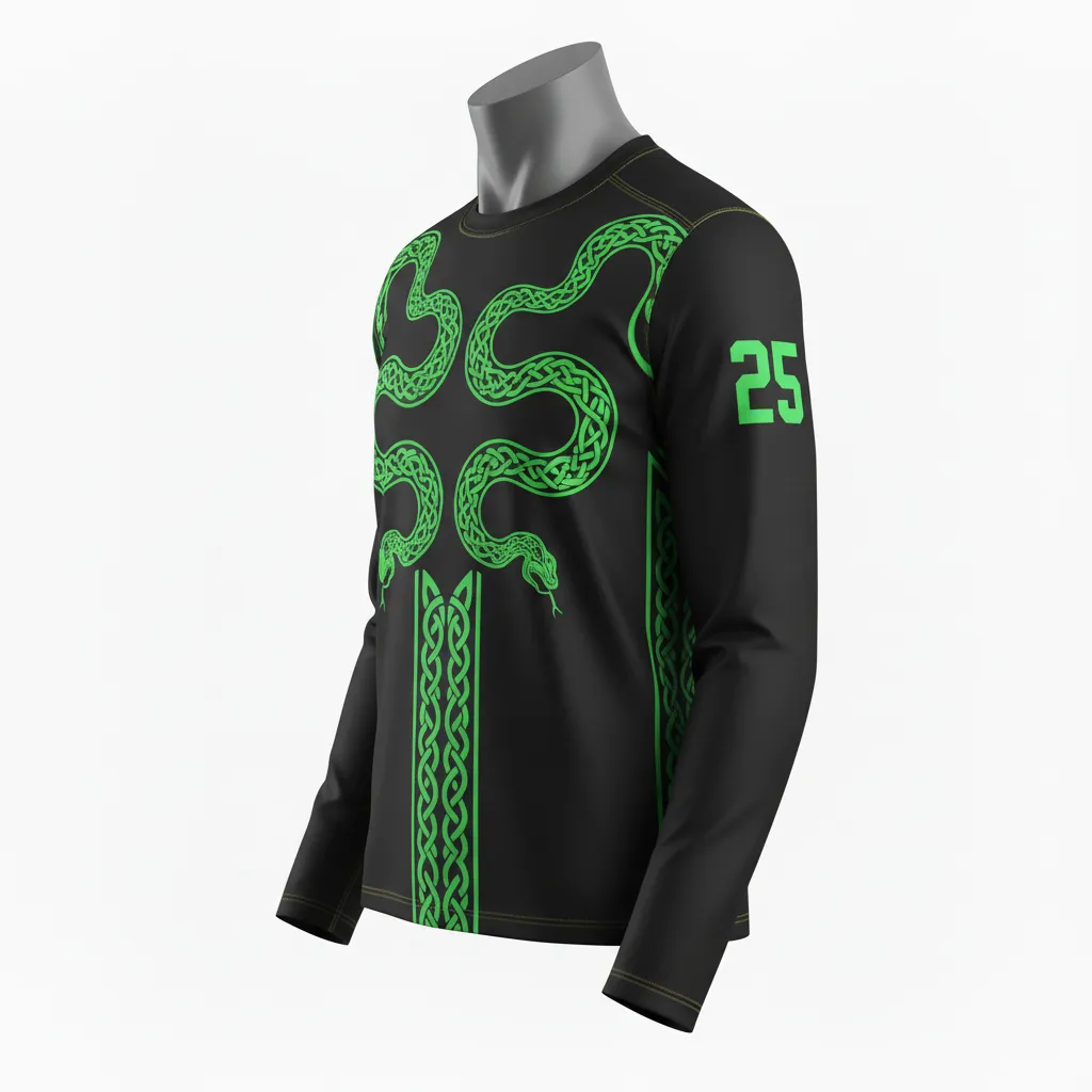 Custom Lacrosse Long Sleeve T Shirt - Black, Green - Neon Serpent Strike - Front View - Kinexa Sportswear